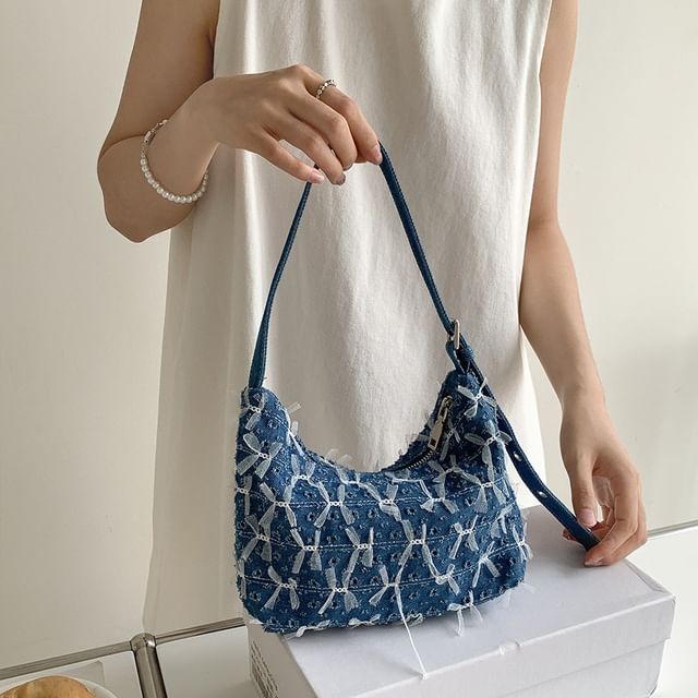 Bag Washed Bow Perforated Shoulder Denim