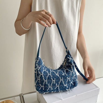Bag Washed Bow Perforated Shoulder Denim