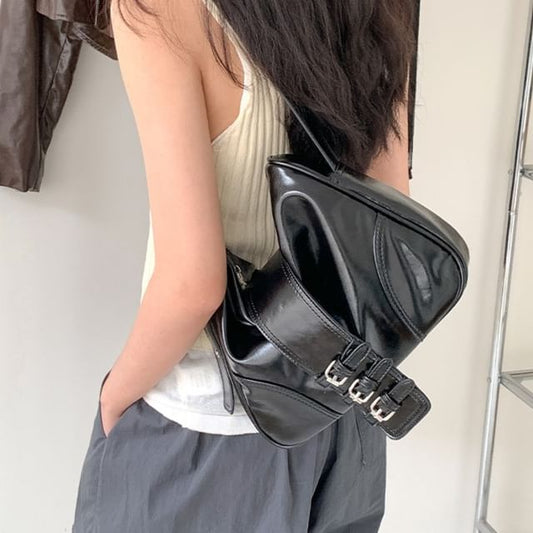 Shoulder Buckled Bag Plain Leather Faux