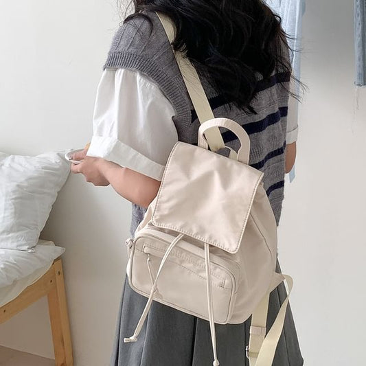 Plain Drawstring Nylon Flap Backpack