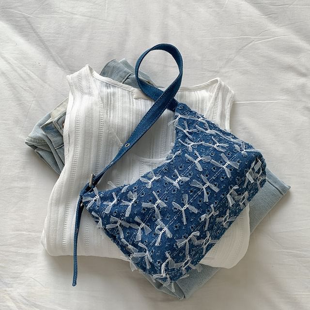 Bag Washed Bow Perforated Shoulder Denim