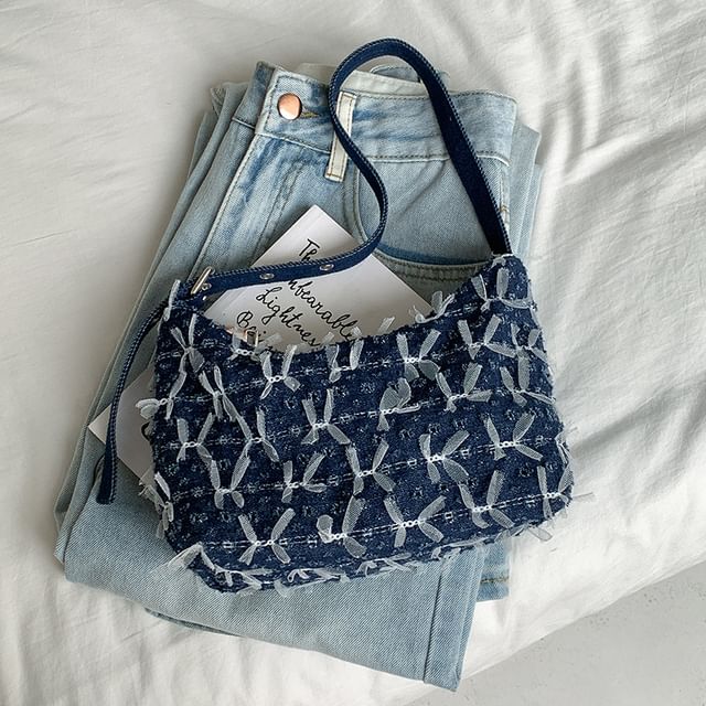 Bag Washed Bow Perforated Shoulder Denim
