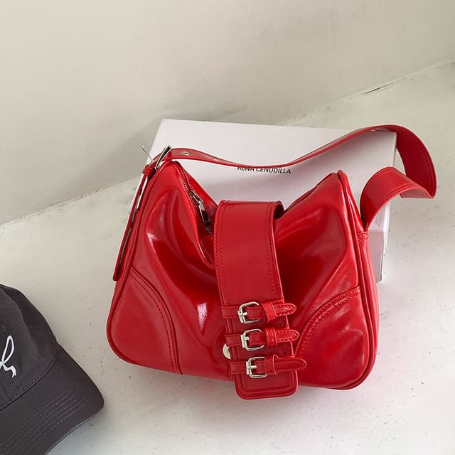 Shoulder Buckled Bag Plain Leather Faux
