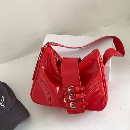 Shoulder Buckled Bag Plain Leather Faux