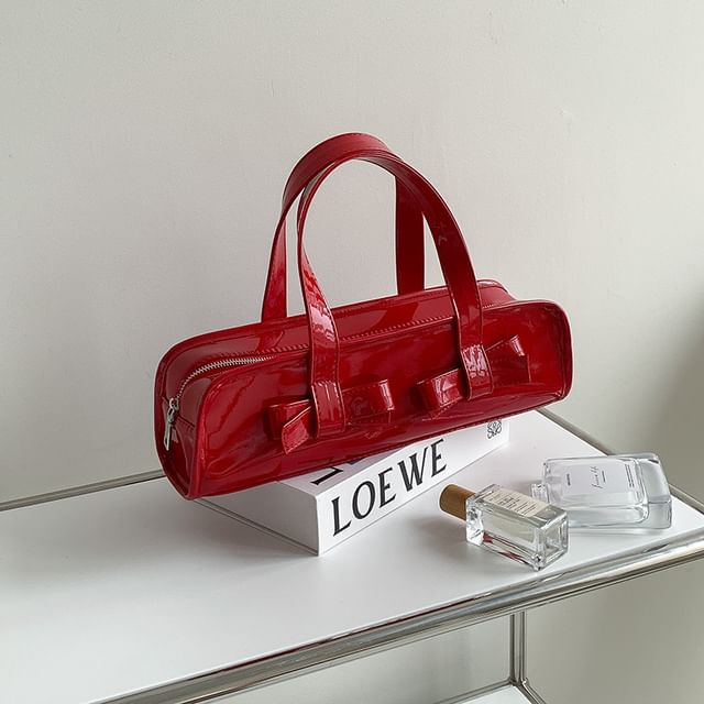 Plain Bow Accent Patent Leather Shoulder Bag