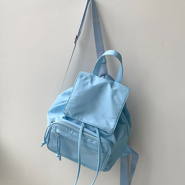 Plain Drawstring Nylon Flap Backpack