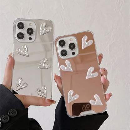 Heart Embossed Mirror Phone Case For iPhone 16, 16 Plus, 16 Pro, 16 Pro Max, 15, 15 Pro, 15 Pro Max, 14, 14 Plus, 14 Pro, 14 Pro Max, 13, 13 Pro, 13 Pro Max