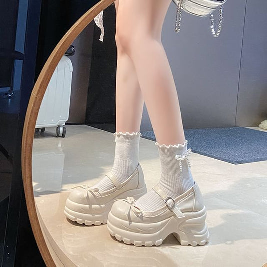 Leather Accent Mary Bow Jane Platform Faux Shoes