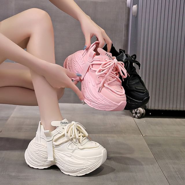 Lace-Up Faux Plain Leather Platform Sneakers
