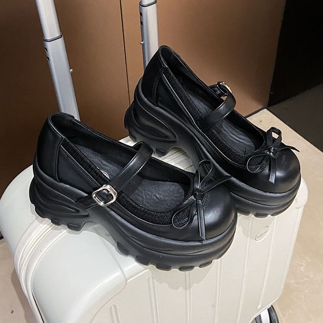 Leather Accent Mary Bow Jane Platform Faux Shoes