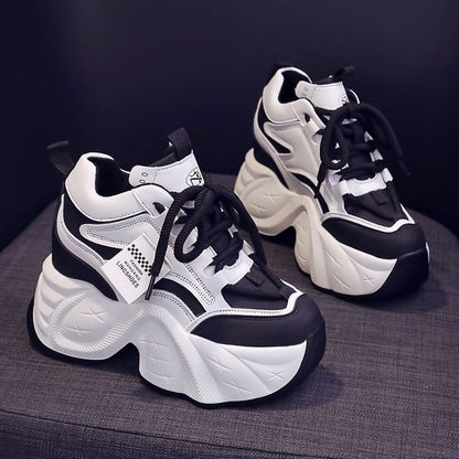 Applique Faux Wedge Sneakers Lace-Up Hidden Leather