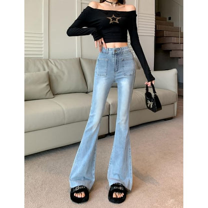 High Waist Washed Frayed Flared Jeans