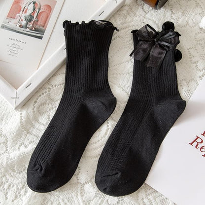 Plain Bow Lettuce Edge Crew Socks