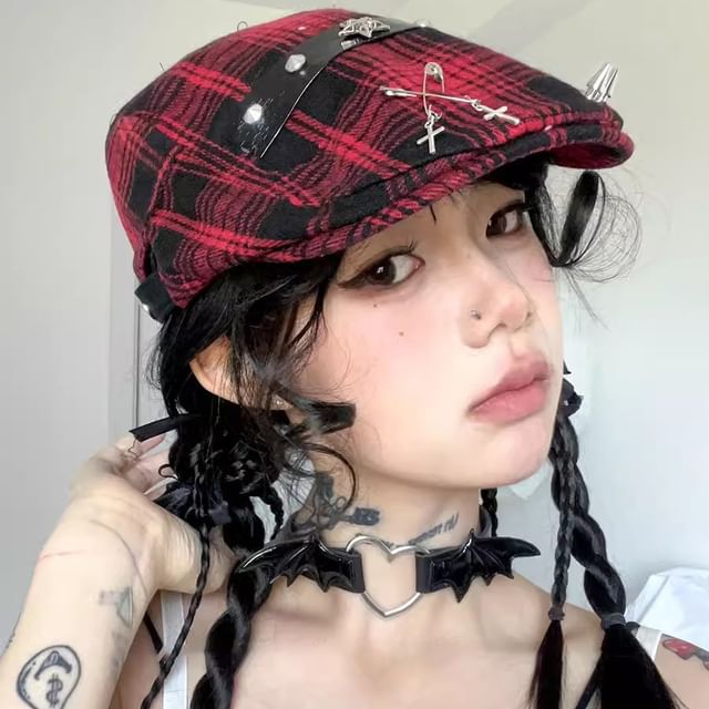 Plaid Accent Newsboy Pin Cap
