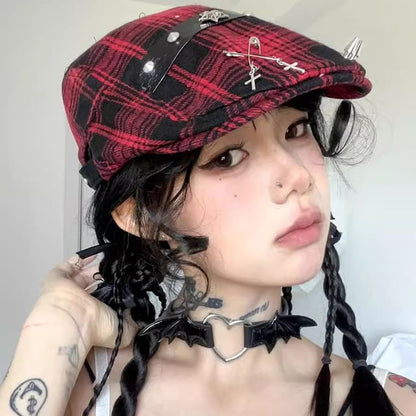 Plaid Accent Newsboy Pin Cap