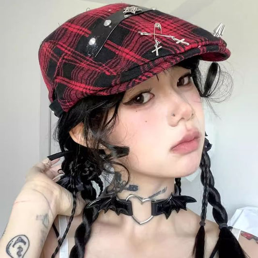 Plaid Accent Newsboy Pin Cap