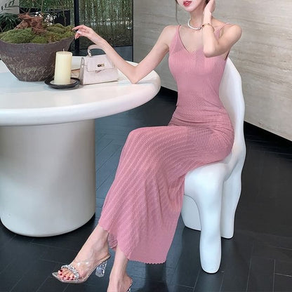 Dress Maxi V-Neck Plain Strap Spaghetti Bodycon