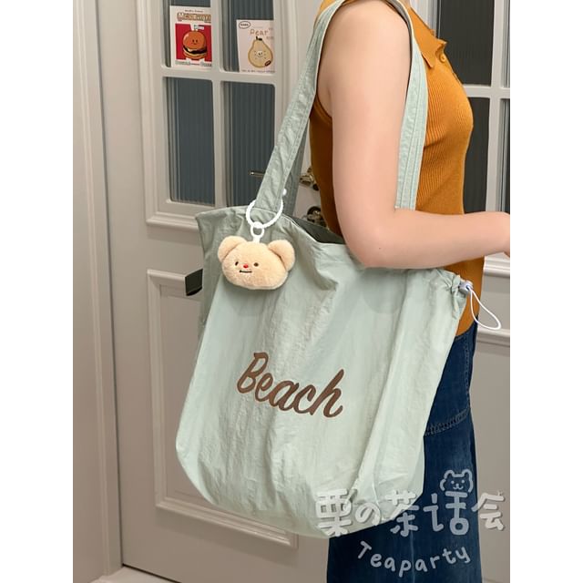 Lettering Print Drawstring Tote Bag / Bag Charm / Set