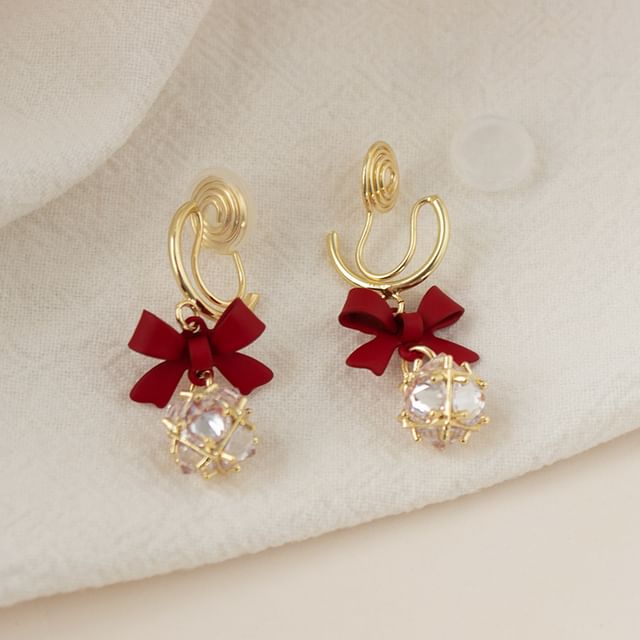 Caged Rhinestone Bow Earring Alloy Dangle
