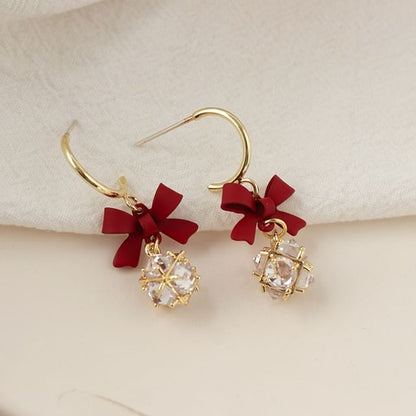 Caged Rhinestone Bow Earring Alloy Dangle