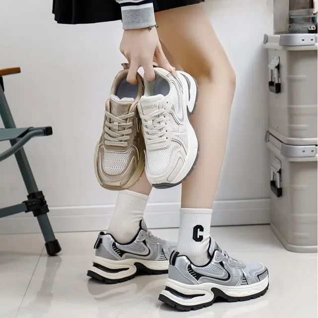 Panel Platform Lace-Up Sneakers Mesh