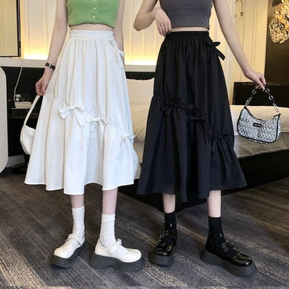 Skirt High Plain Bow Waist Midi A-Line