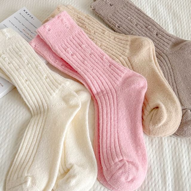 Plain Distressed Ribbed Socks Set