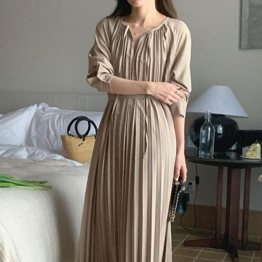 Long Sleeve Round Neck Plain Accordion Pleated Tie Front Maxi A-Line Dress