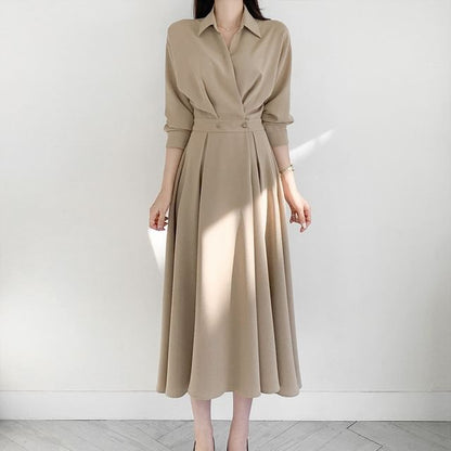 Long Sleeve Collared Plain Double Breasted Midi A-Line Shirt Dress