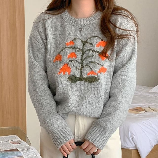 Crew Neck Floral Patterned Sweater