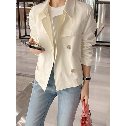 Collared Plain Double Breasted Trench Jacket