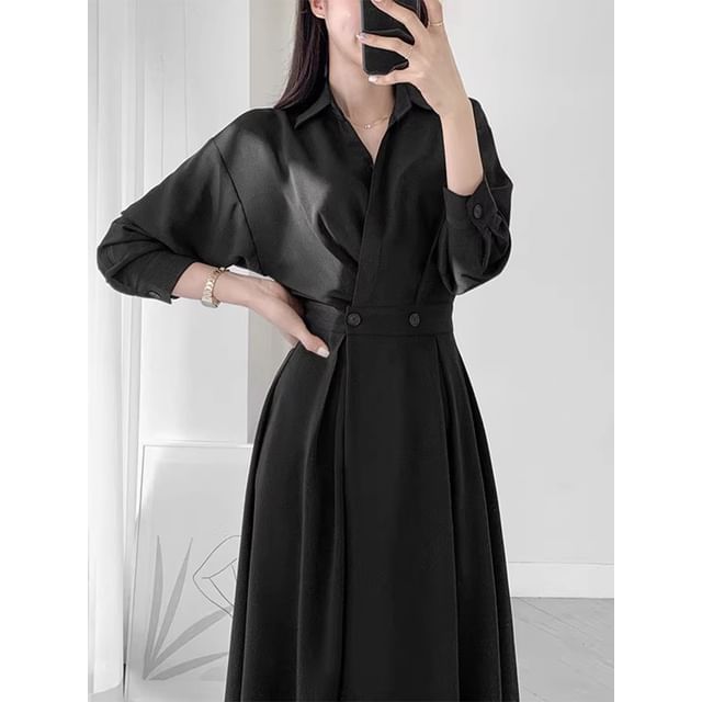 Long Sleeve Collared Plain Double Breasted Midi A-Line Shirt Dress