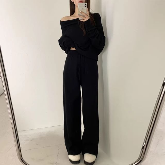 Set: Long Sleeve One Shoulder Plain Knit Top + Drawstring Waist Wide Leg Pants