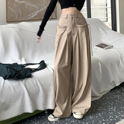 Plain Rise Pleated Leg Suit Wide High Pants