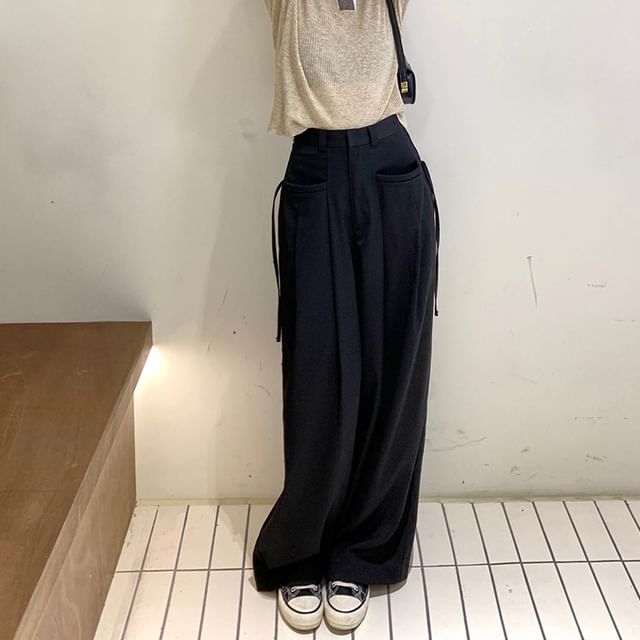 Plain Rise Pleated Leg Suit Wide High Pants