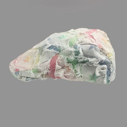 / Trim Gradient Distressed Fringed Star Print Cap Denim Newsboy