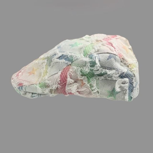 / Trim Gradient Distressed Fringed Star Print Cap Denim Newsboy