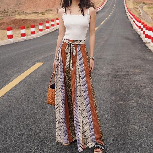 High Waist Patterned Print Slit Tie-Up Wide Leg Pants