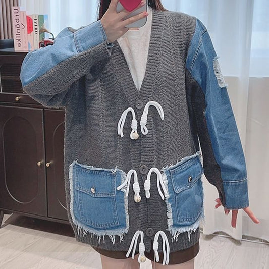 Cardigan à empiècements en denim à franges et col en V