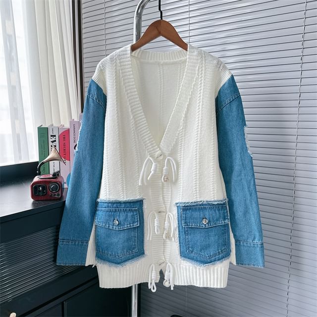 V-Neck Fringed Denim Panel Cardigan