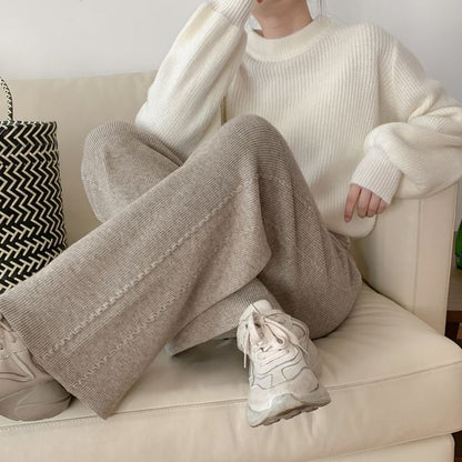 High Rise Plain Knitted Straight-Fit Wide-Leg Pants