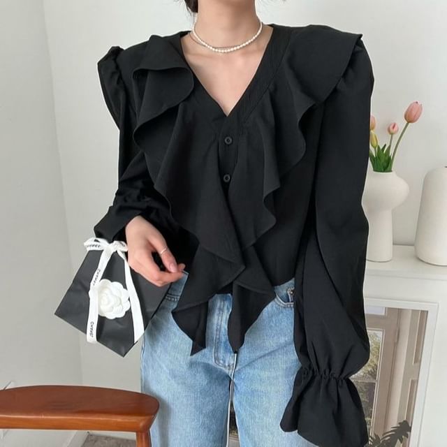 Long Sleeve V-Neck Plain Ruffle Blouse