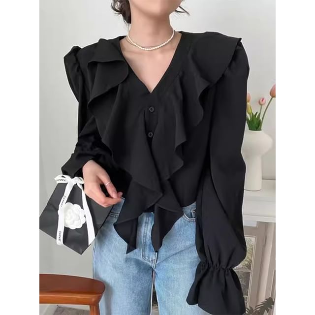 Long Sleeve V-Neck Plain Ruffle Blouse