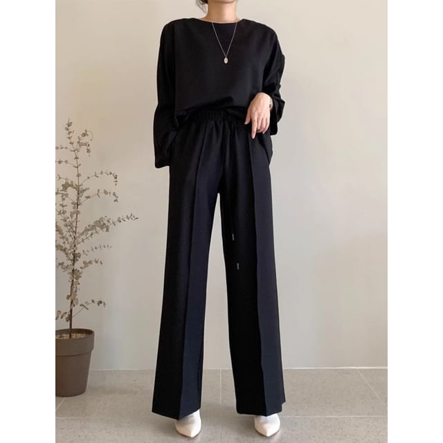 Long Sleeve Crew Neck Plain Pullover / Mid Rise Plain Wide Leg Sweatpants