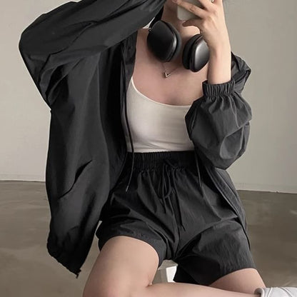 Set: Hooded Plain Drop Shoulder Zip Jacket + Drawstring Waist Shorts