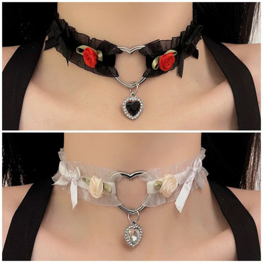 Rose Pendant Choker Tulle Heart Bow