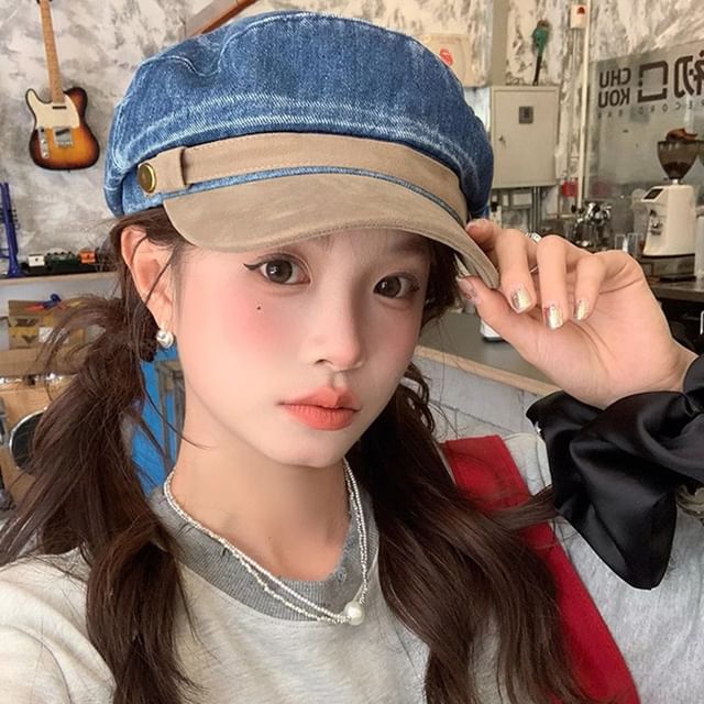 Faux Suede Washed Denim Panel Sailor Cap