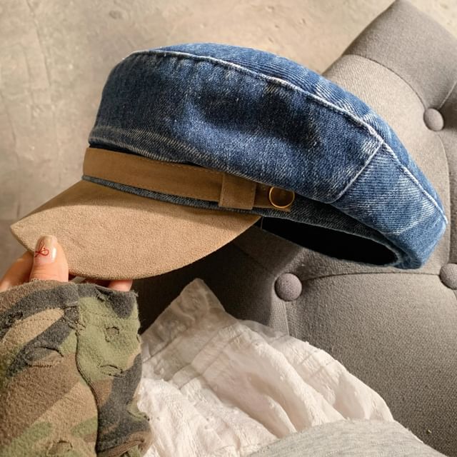 Faux Suede Washed Denim Panel Sailor Cap