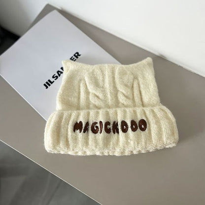 Lettering Knit Embroidered Cable Beanie