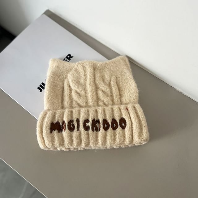 Lettering Knit Embroidered Cable Beanie
